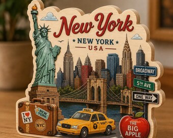New York Wooden Block Decor, NYC Travel Souvenir Desk Decor, Statue of Liberty Shelf Decoration, Big Apple Sign, USA Travel Gift NRD-NTH18