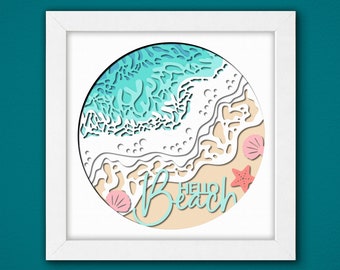 Hello Beach Shadow Box 3D Svg,Summer Beach 3D Box Svg ,Summer 3D Svg ,Summer Beach Light Box Svg ,Layered Cardstock Art, Shadow Box Template