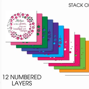 May include: A 12-layer papercraft design featuring a pink and green floral wreath with the text "A Mother is like a flower, each one beautiful and unique".