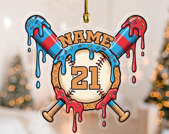 Personalized Ice Cream Drip Baseball Ornament, Ice Cream Drip Ornament, Baseball Drip, Baseball Ornament, Christmas Baseball Gifts G5SI08