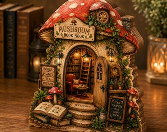 Personalized Mushroom Library Wooden Block, Custom Cottagecore Book Nook Decor, Cozy Reading Room Gift, Whimsical Mushroom House NRD-ESH38