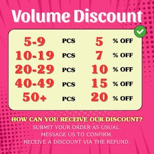 May include: A pink graphic sign titled Volume Discount with a chart showing tiered savings: 5-9 PCS for 5% OFF, 10-19 PCS for 7% OFF, 20-29 PCS for 10% OFF, 40-49 PCS for 15% OFF, and 50+ PCS for 20% OFF, plus instructions on how to receive the discount.