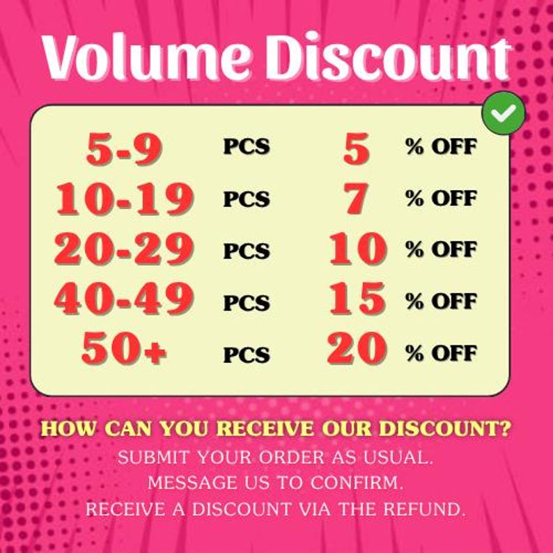 May include: A pink graphic sign titled Volume Discount with a chart showing tiered savings: 5-9 PCS for 5% OFF, 10-19 PCS for 7% OFF, 20-29 PCS for 10% OFF, 40-49 PCS for 15% OFF, and 50+ PCS for 20% OFF, plus instructions on how to receive the discount.