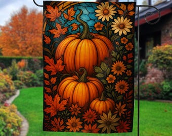 Pumpkin and Floral Fall Garden Flag, Stained Glass Autumn Yard Decor, Vintage Botanical Thanksgiving Banner, Harvest Porch Decoration NGTM04