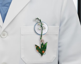 Personalized Lily of the Valley Birth Flower Badge Reel, Custom May Birth Flower ID Holder, Floral Badge Reel Gift NGYU11-05
