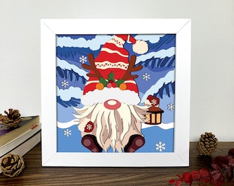 ノーム クリスマス シャドー ボックス 3D SVG、ノーム クリスマス 3D ボックス SVG、ノーム クリスマス ライト ボックス SVG、レイヤー カードストック アート、シャドー ボックス テンプレート