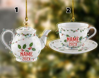 Teapot and Teacup 2D Flat Ornament, Christmas Tea Lover Decor, Kitchen Ornament, Teatime Holiday Gift, Vintage Tea Party Decoration NGXZ24