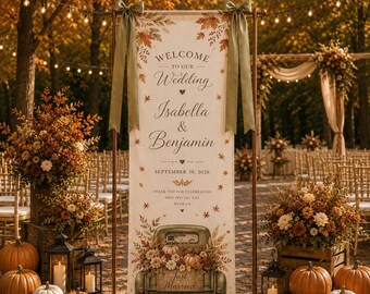 Letrero de bienvenida para boda de otoño, pancarta personalizada para boda de otoño, póster rústico de bienvenida para boda, entrada para ceremonia de boda con calabazas NRD-NTH13