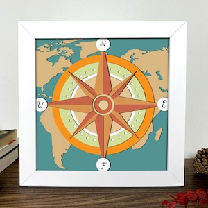 Compass Shadow Box 3D Svg, Mapa świata 3D Svg, Compass 3D Box Svg, Compass Light Box Svg, Warstwowa sztuka kartonowa, Szablon Shadow Box