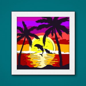 May include: A paper cut-out art piece depicting a sunset over the ocean with two dolphins jumping out of the water. The scene is framed by two palm trees and a large yellow sun.