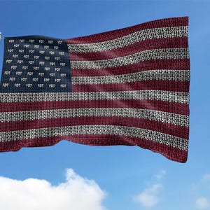 May include: An American flag waving in the wind against a blue sky with clouds. The flag's stripes are red and white, and the stars are replaced with the word "FOT" repeated. The flag is mounted on a silver pole.