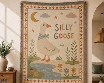 Silly Goose Woven Blanket, Cute Goose Throw Blanket, Whimsical Nursery Wall Tapestry, Farmhouse Kids Decor BRD-XG118