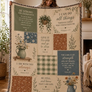 Christian Bible Verse Woven Blanket, Inspirational Scripture Throw, Floral Faith Home Decor Gift for Her C2IR20-RD