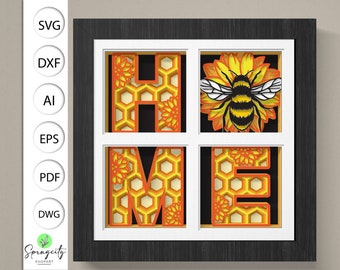 3D Home Honey Bee SVG, Home Sunflower 3D svg, Shadow box svg, Bee Kind svg, Bee 3D Svg, Honey Bee 3d Svg, Layered Cardstock Art