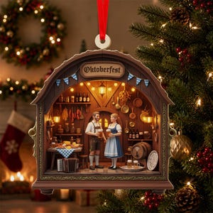 May include: A wooden, arch-shaped Christmas ornament featuring a detailed 3D diorama of an Oktoberfest scene. Inside, a man and a woman in traditional attire hold beer mugs. The interior includes a table, a wooden barrel, and hanging kitchenware.