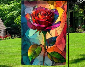 Stained Glass Roses Welcome Garden Flag, Stained Glass Art Flowers