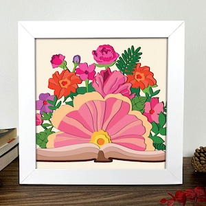 Buch-Blume-Schatten-Box 3D-Svg, Buch-Blume 3D-Svg, Buch-Blume 3D-Box-Svg, Buch-Blume-Licht-Box-Svg, geschichteter Karton Kunst, Schatten-Box-Vorlage