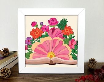 Book Flower Shadow Box 3D Svg,Book Flower 3D Svg,Book Flower 3D Box Svg,Book Flower Light Box Svg,Layered Cardstock Art, Shadow Box Template