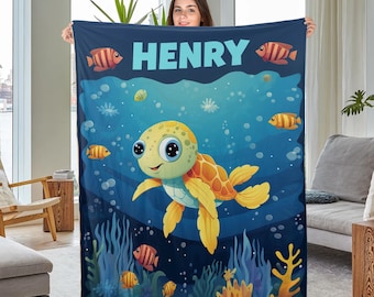 PERSONALIZED SEA TURTLE Baby Blanket,Custom Baby Name Sea Turtle Blanket,Baby Boy Blanket Sea Turtles, Under the Sea Blanket,Baby GiftDZOL01