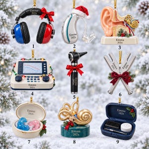 May include: A collection of nine personalized Christmas ornaments featuring audiology-themed designs including headphones, a hearing aid with a Santa hat, an ear anatomy model, an audiometer, an otoscope, tuning forks, ear molds, a cochlea, and a cleaning kit.