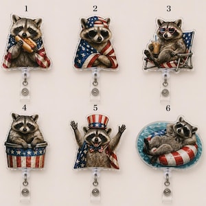 Patriotic Raccoon Badge Reel 2026: Funny Trash Panda July 4th Retractable ID Holder JDM428