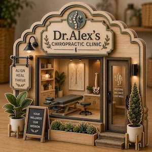 May include: A wooden miniature model of Dr. Alex's Chiropractic Clinic featuring a storefront with a sign, a hanging sign reading ALIGN HEAL THRIVE, a chalkboard sign reading YOUR WELLNESS OUR MISSION, a glass door, and an interior with a treatment table.