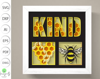 3D Honey  Bee SVG, Shadow box svg, Bee Kind svg, Bee 3D Svg, Honey Bee 3d Svg, Layered Cardstock Art