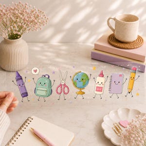 May include: A clear rectangular bookmark featuring a colorful cartoon illustration of school supplies including a purple crayon, a mint green backpack, pink scissors, a globe, a glue bottle, a light purple notebook, and a yellow pencil.