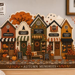 May include: A three-layer wooden display featuring a row of shops with autumn-themed decor, including pumpkins, wreaths, and signs reading Pumpkin Patch, Harvest Market, Cozy Fall Gifts, Fall Finds, Thankful Hearts, and Autumn Memories.