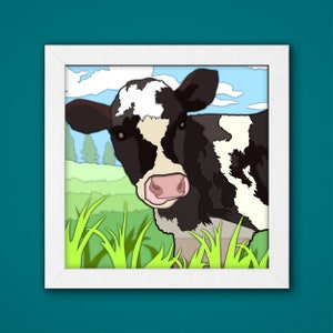 Boîte d’ombre de vache 3D SVG, Animal 3D SVG, boîte de vache 3D SVG, boîte à lumière de vache SVG, art de papier cartonné en couches, modèle de boîte d’ombre