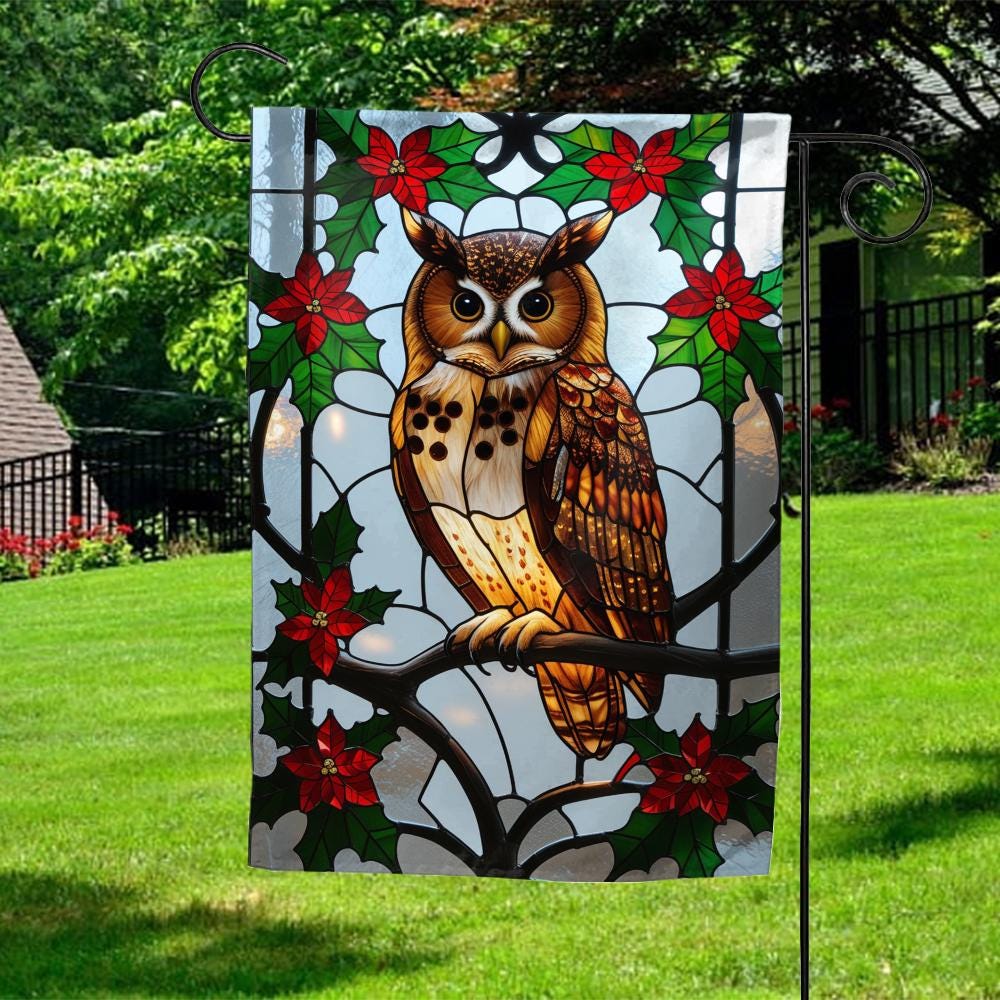 Christmas Garden flag, Christmas Owl Garden Banner, Cottagecore Christmas Garden Flag C1JO14