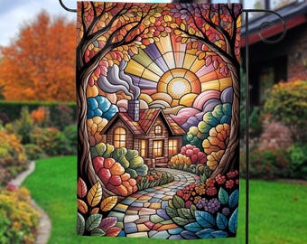 Fall Welcome Home Garden Flag, Fall Path, Autumn Stained Glass Style Design, Thanksgiving Hostess Gift, Fall Garden Flag NGUN29