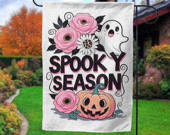 Cute Halloween ghost Garden flag, Goth garden house banner, Halloween spooky season lawn Sign, Weird creepy cute outdoor fall decor NGT406