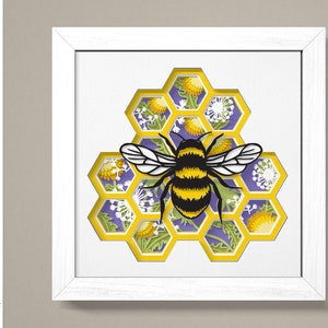 3D abeille abeille ombre boîte SVG, abeille 3D boîte Svg, abeille fleur Svg, abeille de printemps 3D caisson lumineux Svg, Svg printemps 3D, art du papier cartonné en couches