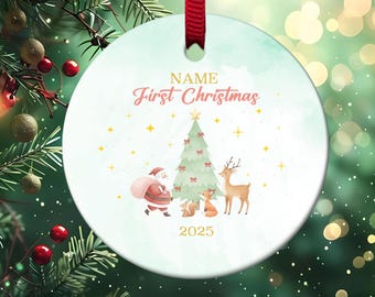 Baby's First Christmas Decoration,Keepsake Christmas Bauble Gift Ceramic Ornament, Personalised Baby's 1st Christmas Scene Decoration G5PH06