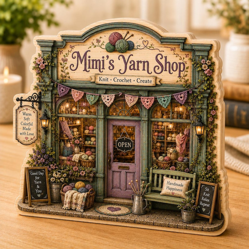 Personalized Yarn Shop Wooden Block, Crochet Store Decor, Knitting Shop Desk Sign, Craft Studio Gift, Knitter & Crocheter Decor