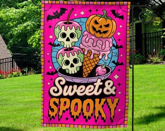 May include: A pink Halloween garden flag with a colorful design. The flag features a pumpkin, ice cream cone, and skull-shaped apples. The words "Sweet & Spooky" are written in a playful font. Black bats and stars complete the design.