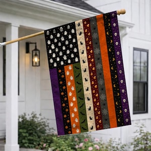 May include: A rectangular garden flag featuring a vertical striped pattern with Halloween motifs including white ghosts, orange pumpkins, black cats, bats, candy corn, spider webs, yellow crescent moons, and white skulls on various colored backgrounds.