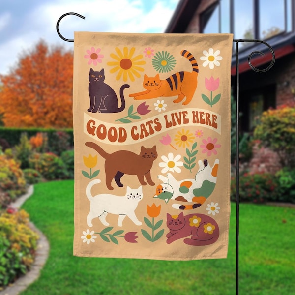 Bandera de jardín "Buenos gatos viven aquí", adorable decoración floral de gatos para jardín, decoración de porche para primavera y verano, decoración del hogar, regalo de jardín NGSL18