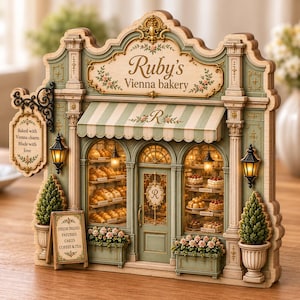 May include: A wooden miniature model of Ruby's Vienna bakery featuring a sage green and cream facade, a striped awning, and illuminated windows displaying pastries. A hanging sign reads Baked with Vienna charm Made with love and a sidewalk sign lists Fresh Bread Pastries Cakes Coffee & Tea.