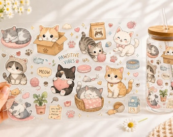Pegatina Kawaii Cat UV DTF, Calcomanía para taza con diseño de gato adorable, Pegatina para lata de vidrio Pawsitive Vibes, Transferencia para taza Libbey para amantes de los gatos, Regalo NRD-NTH06