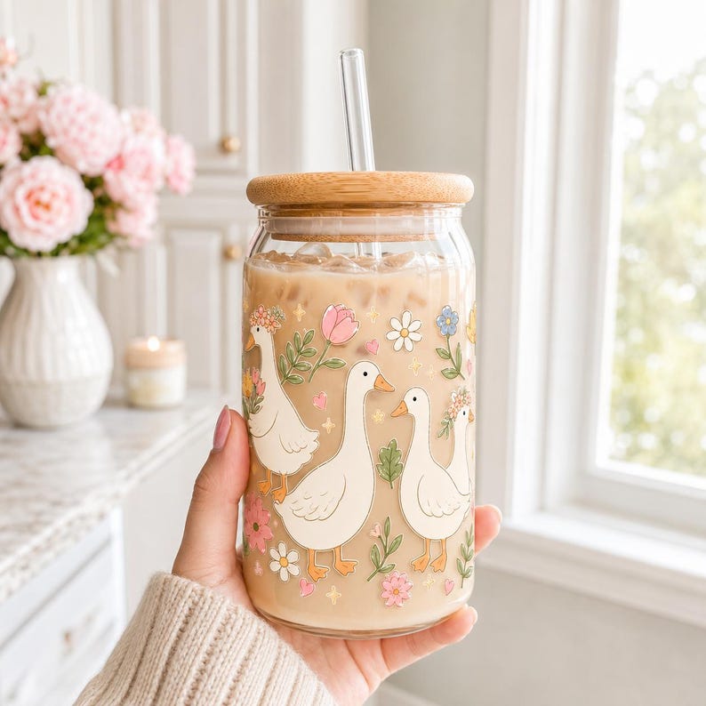 Floral Goose UV DTF Sticker, Cute Goose Flower Clear Film Sticker, Cottagecore Spring Transfer Decal, Pastel Duck Lover Gift G4J519 Bild 2