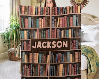 Personalized Book Blanket, Bookshelf Blanket, Custom Name Soft Cozy Sherpa Fleece Throw Blankets,Gift For Reading Lover,Bookworm,Nerd BXLO52