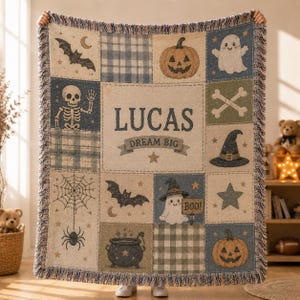 Custom Name Halloween Patchwork Woven Blanket Cute Skeleton Ghost Witch Hat Nursery Throw JRD-OOD03
