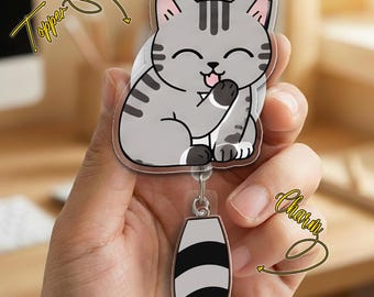 Portatarjetas retráctil con forma de gato, portatarjetas de identificación con forma de cola de gato, portatarjetas retráctil con forma de gatito para enfermera, portatarjetas retráctil, portatarjetas retráctil con forma de animal, regalo para técnico veterinario GAKN05-4