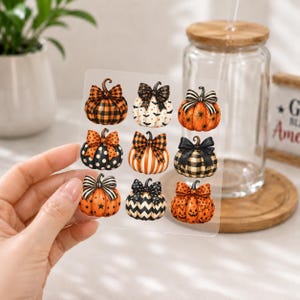 Fall Coquette Pumpkin UV DTF Sticker Sheet Patterned Pumpkins with Bows Permanent Waterproof Autumn Gingham Polka Dot Decal JDPK22