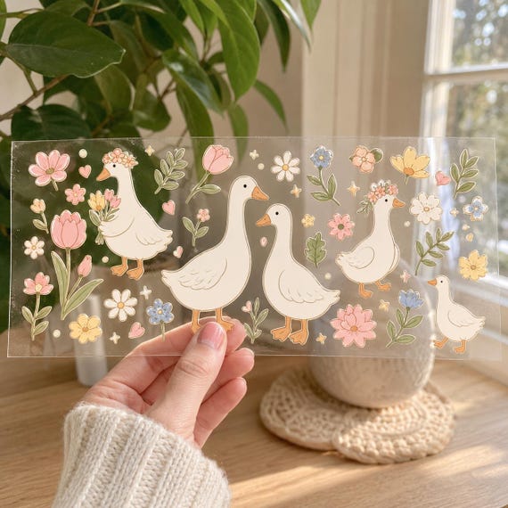 Floral Goose UV DTF Sticker, Cute Goose Flower Clear Film Sticker, Cottagecore Spring Transfer Decal, Pastel Duck Lover Gift G4J519