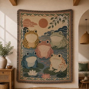 Frog Woven Blanket, Vintage Frog Throw Blanket, Cottagecore Pond Wall Tapestry, Whimsical Frog Home Decor BRD-XG117