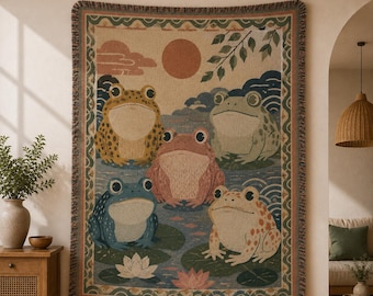 Frog Woven Blanket, Vintage Frog Throw Blanket, Cottagecore Pond Wall Tapestry, Whimsical Frog Home Decor BRD-XG117