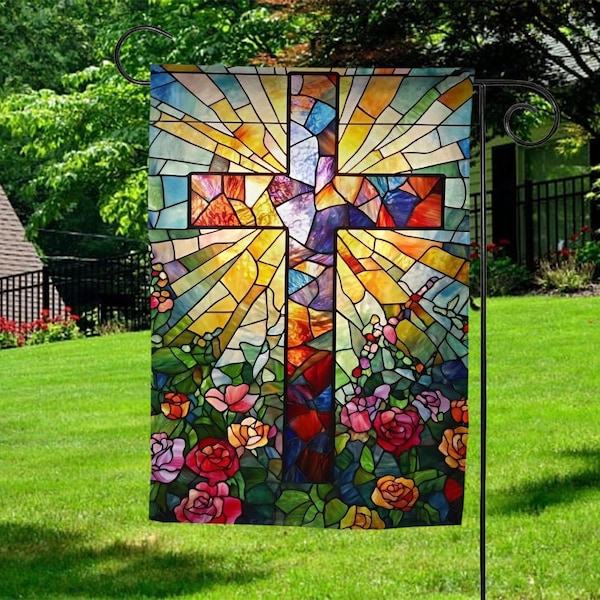 Bandera cristiana de vitral para jardín, bandera cristiana con cruz, bandera de Pascua, decoración cristiana de primavera para exteriores, inauguración de la casa D2HS08